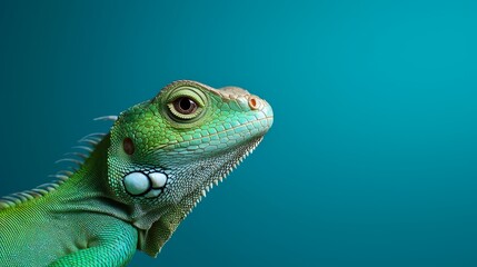 Fototapeta premium A tight shot of a green iguana against a blue backdrop, displaying a white mark on its visage