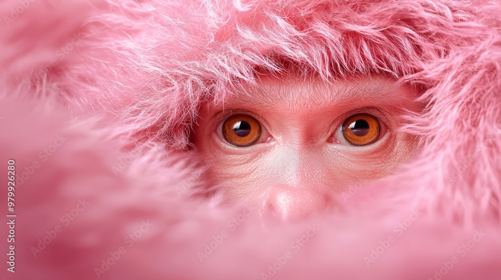 Sticker  A tight shot of a monkey's face with a pink fabric covering its head and obscuring its eyes