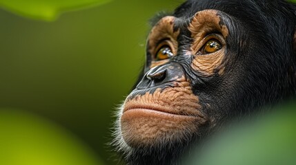  A tight shot of a monkey's expressive face, with a vibrant green leaf in sharp focus before it, and a softly blurred background