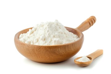Closeup of tapioca starch in bowl and spoon on white background