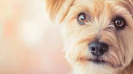 A close-up of a Norfolk Terrier's face, highlighting its unique features and friendly expression against a soft pastel background