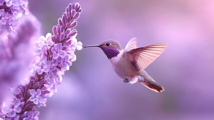 Fototapeta premium A hummingbird hovers above a purple flower, wings fully extended, head tilted upward, beak pointed in the air