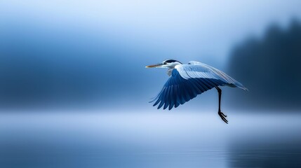 Fototapeta premium A bird flies over mirrored water, wings outspread; its reflection beneath