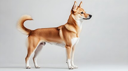 A Norrbottenspets dog standing proudly on a light solid color background, showcasing its unique coat pattern and alert expression