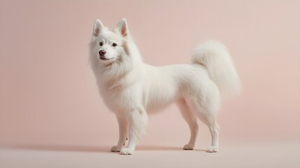 Fototapeta premium A Norrbottenspets dog standing proudly on a light solid color background, showcasing its unique coat pattern and alert expression