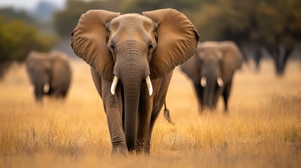 Fototapeta premium A herd of elephants traverses a dry grassy expanse dotted with trees, under a sunny sky in the wild