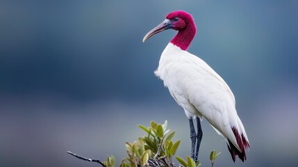 Obraz premium A red-and-white bird with a lengthy beak perches on a tree branch against a backdrop of a blue sky