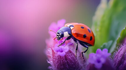 Obraz premium A ladybug up close on a purple flower, foreground focused; background softly blurred