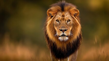 Fototapeta premium A tight shot of a lion's expressive face against a hazy backdrop of grasses and trees