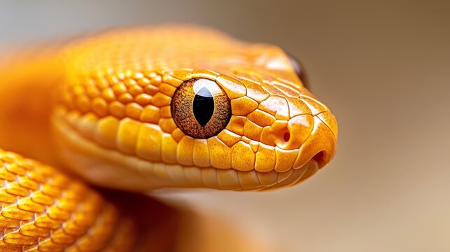  A tight shot of a yellow snake's head with its glowing eye in the center