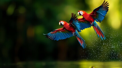  Two parrots, one red and one blue, fly above a tranquil body of water Green trees frame the background
