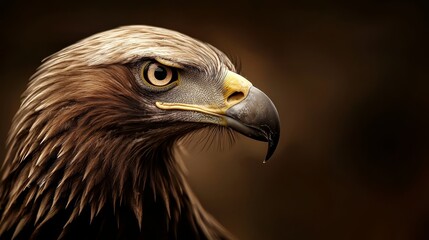 Obraz premium Close-up of an eagle's head with a brown and yellow beak against a brown and white background