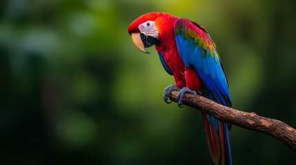 Fototapeta premium A parrot in vibrant hues sits atop a tree branch against a backdrop of a blurred, forest teeming with emerald leaves