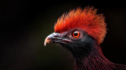 Fototapeta premium A tight shot of a bird's head wearing a vibrant red and orange crest ornament