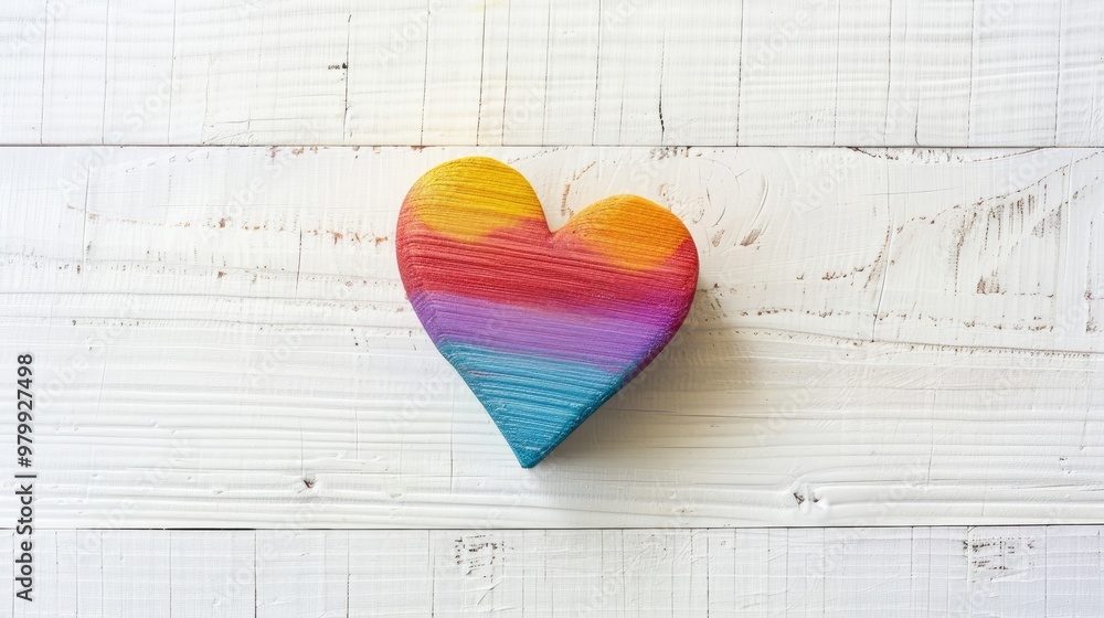 Poster retro multicolored heart on white wood backdrop with text space top view