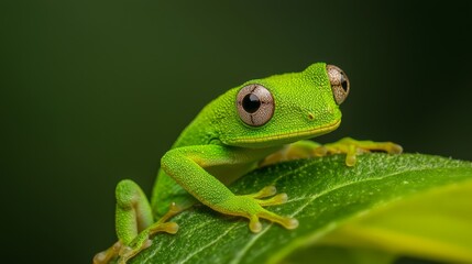 Obraz premium A tight shot of a green frog atop a verdant leaf against a backdrop of lush green vegetation, with a dark background concealed beneath