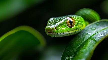 Naklejka premium A tight shot of a green snake's head atop a leaf, adorned with water droplets on its eyes