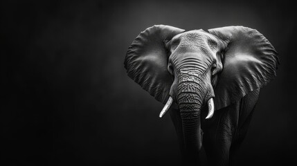  A black-and-white image of an elephant bearing tusks and large ears with small tusk-like projections