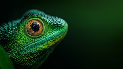 Fototapeta premium A tight shot of a green lizard eye, surrounded by a foreground leaf and a backdrop of darkness