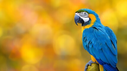 Fototapeta premium A parrot, colored blue and yellow, perches on a tree branch against a backdrop of a blurred yellow and orange scene
