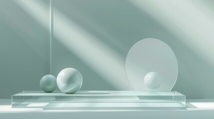 Abstract arrangement featuring spheres and glass elements on a pastel background with light rays. Concept of minimalism and modern art