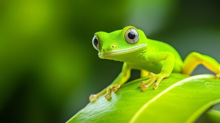  A tight shot of a frog atop a leaf against softly blurred green foliage background