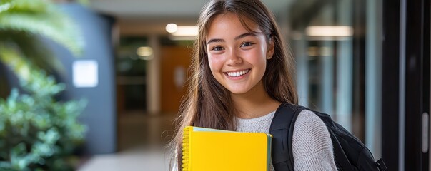 Smiling female student holding books in a modern school hallway, expressing confidence and readiness for learning