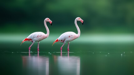  Two flamingos atop a lake, side by side, against a green-black background