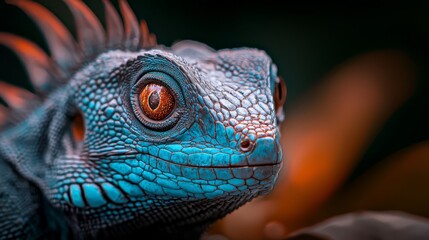  A tight shot of a lizard's face with accentuated highlights in orange and blue on its head and eyes