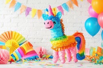 Colorful party decorations and a funny pinata on a blank backdrop