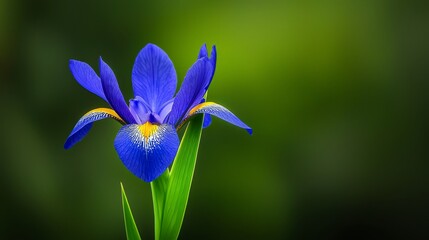  A blue bloom with a yellow core and a verdant stem against a hazy backdrop of green foliage