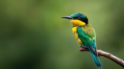 Obraz premium A vibrant bird perched on a branch against a softly blurred backdrop of trees