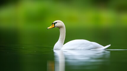 Fototapeta premium A white swan floats atop a tranquil lake Nearby, a lush forest teems with verdant grass and numerous trees