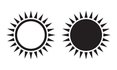 Sun icon, sun symbol, black sun sign isolated on white.