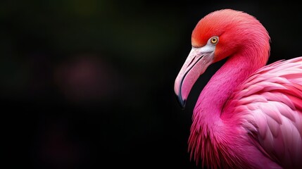 Obraz premium A pink flamingo, with its lengthy neck and curved bill, poses before a black backdrop