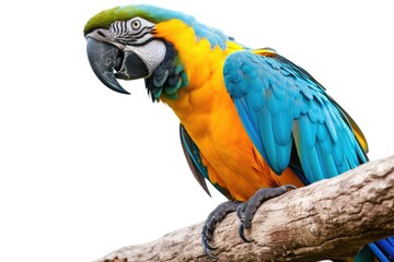 Fototapeta premium Colorful macaw parrot smiling on a isolated wooden branch with a clipped background