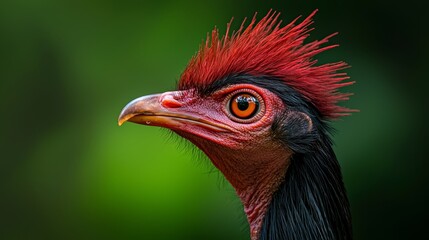  A red and black bird's head with a blurred foreground