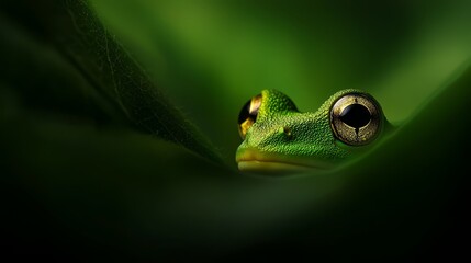  A tight shot of a green frog's face, with a nearby leaf in the foreground against a backdrop of solid black