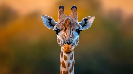 Obraz premium A tight shot of a giraffe's face against a hazy backdrop of trees