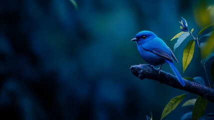 Obraz premium A blue bird perches on a tree branch among a verdant tree laden with numerous leaves