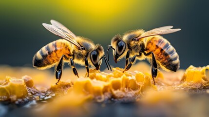 Fototapeta premium Two bees perch side by side on a yellow food item atop a table
