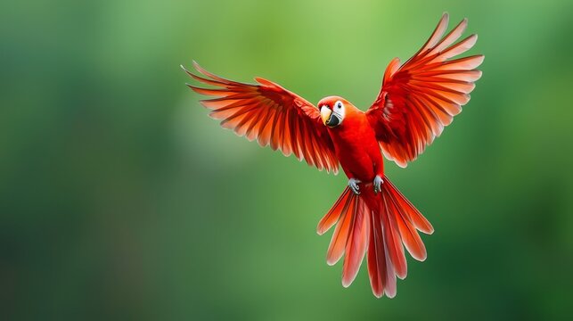  A red parrot in mid-flight, wings splayed, eyes brightly opened