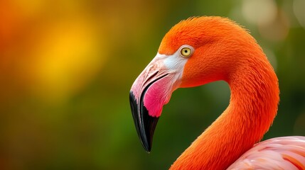 Fototapeta premium A tight shot of a flamingo's head and neck, surrounded by a soft, blurred backdrop of leaves