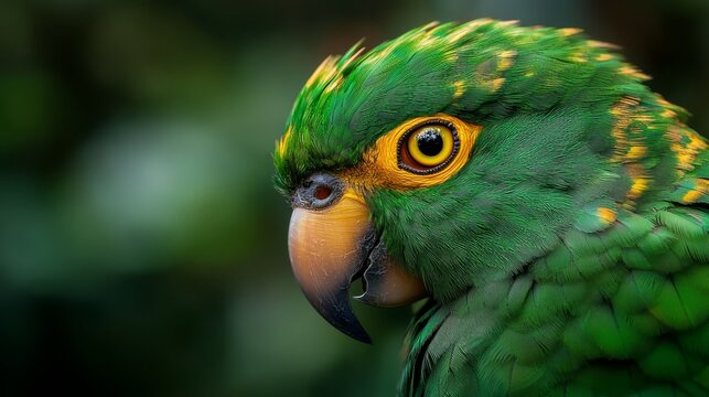  A tight shot of a parrot with vibrant green-yellow and yellow-yellow feathers, and distinct yellow markings adorning its face