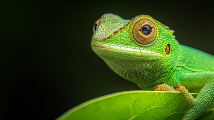 Obraz premium A tight shot of a green chameleon perched atop a verdant leaf, its large, expressive eyes gazing intently