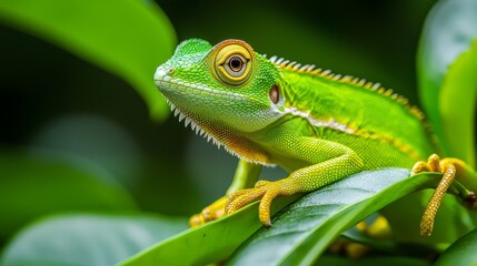 Fototapeta premium A tight shot of a green-and-yellow lizard perched on a branch adorned with green foliage Foreground displays lush, green leaves