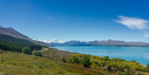 Lake Pukaki & Lake Tekapo Views with Lupin Fields, Hooker Valley Track, Southern Alps, Mt Cook Mountains Glacial Rivers, Snow-Capped Peaks, Scenic Trails, Landscape New Zealand’s Canterbury Queenstown