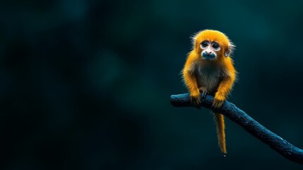  A monkey perched closely on a tree branch against a hazy backdrop, merging tree foliage and a indistinct sky
