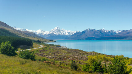 Lake Pukaki & Lake Tekapo Views with Lupin Fields, Hooker Valley Track, Southern Alps, Mt Cook Mountains Glacial Rivers, Snow-Capped Peaks, Scenic Trails, Landscape New Zealand’s Canterbury Queenstown
