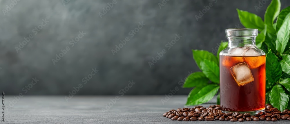 Wall mural tea next to beans, ice cubes, green leaves on gray backdrop